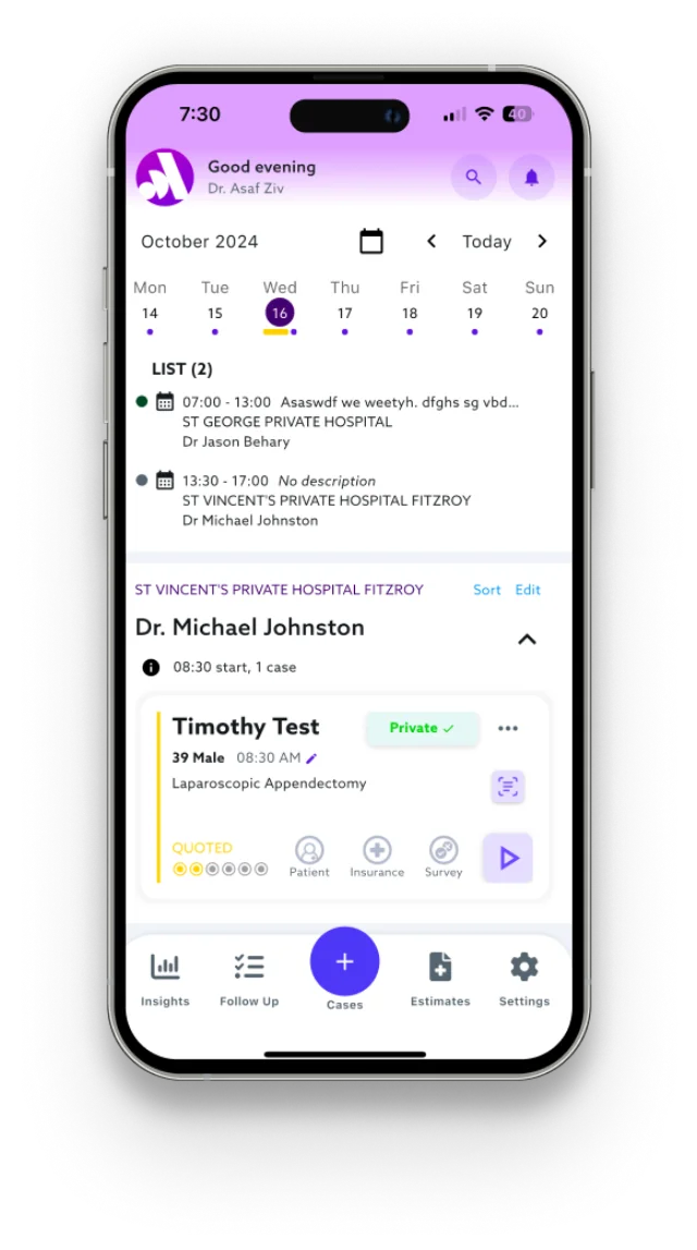 Anaemate cases and calendar screen listing scheduled procedures by date.